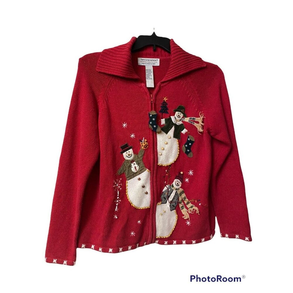 Tiara International Christmas Collection‎ 2004 Red Snowman Cardigan Sweater M